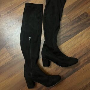 Suede Black Thigh High Block Heeled Boots